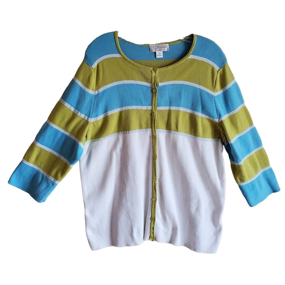 CJ BANKS Women's 1X Cardigan Sweater Button Up Ribbon Trim 3/4 Sleeve Bust 42"
